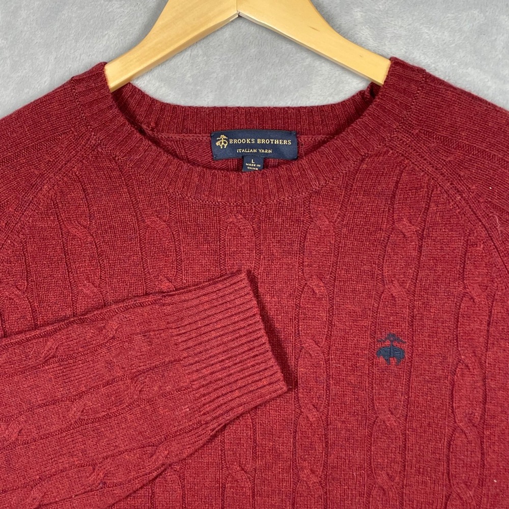 Brooks Brothers Mens Large Burgundy Red 100% Merino Wool Cable Knit Sweater